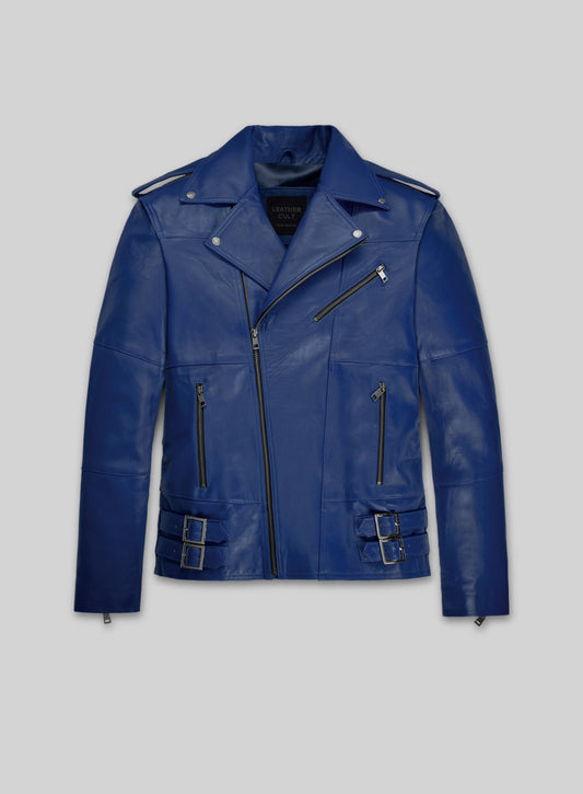 Antonio Banderas Pain and Glory Blue Biker Leather Jacket – front view