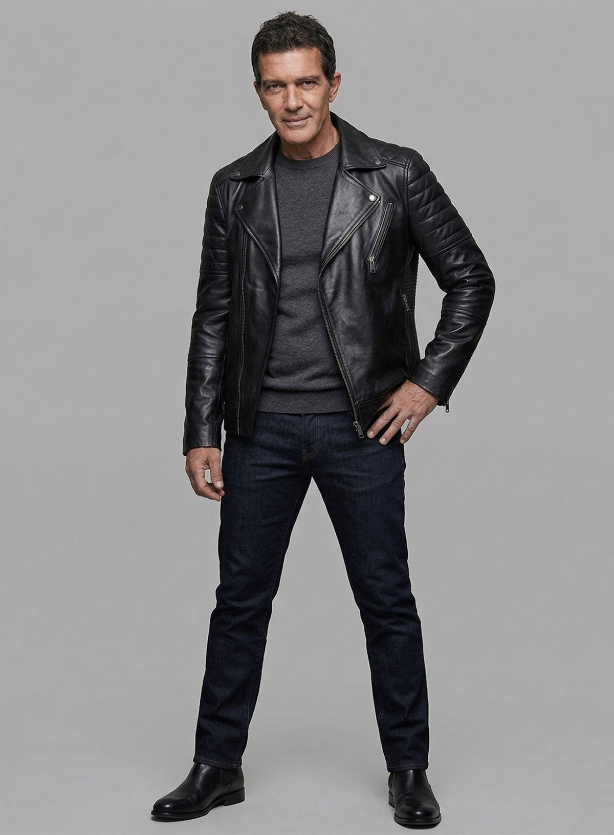 Antonio Banderas Madrid Black Biker Leather Jacket – worn look