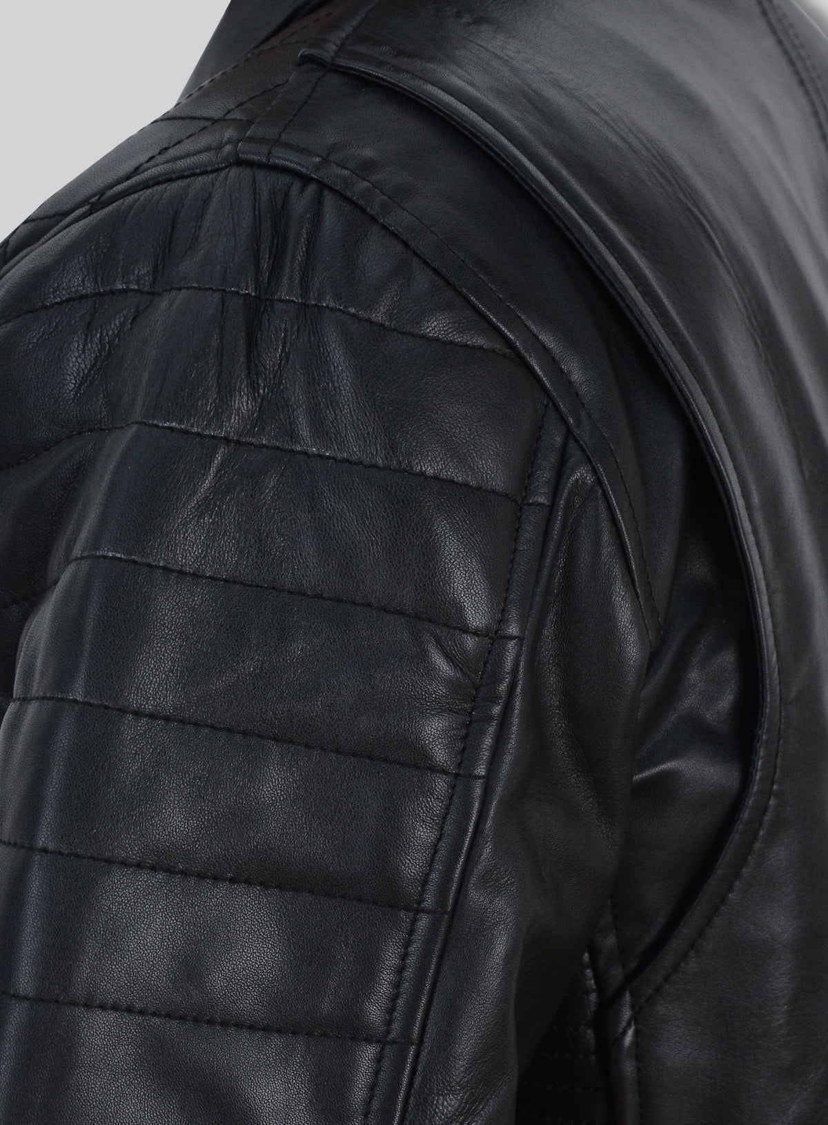 Antonio Banderas Madrid Black Biker Leather Jacket – close-up detail of hardware and pockets