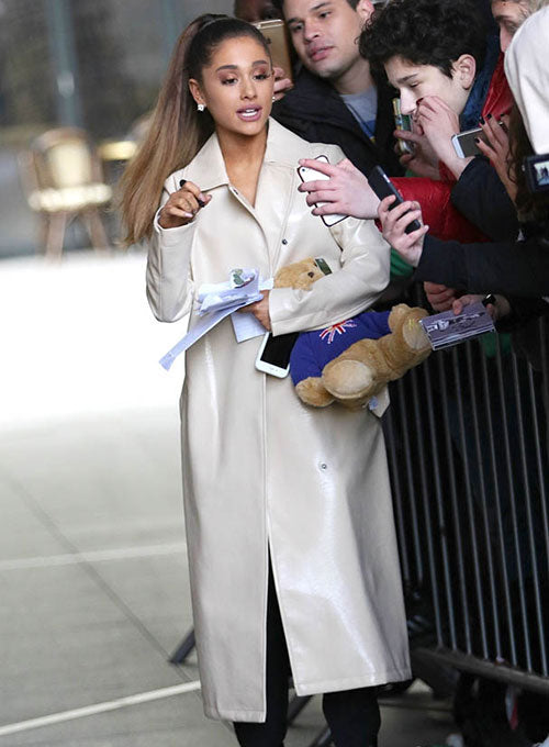 Ariana Grande Black Leather Long Coat – front view