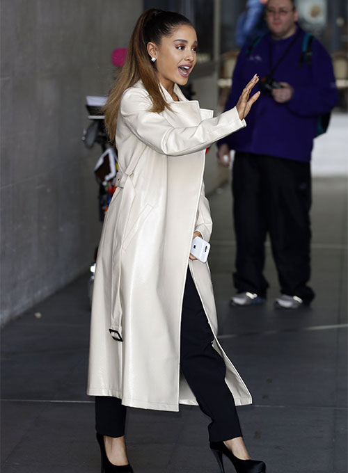Ariana Grande Black Leather Long Coat – close-up and worn views