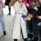 Ariana Grande Black Leather Long Coat – close-up and worn views