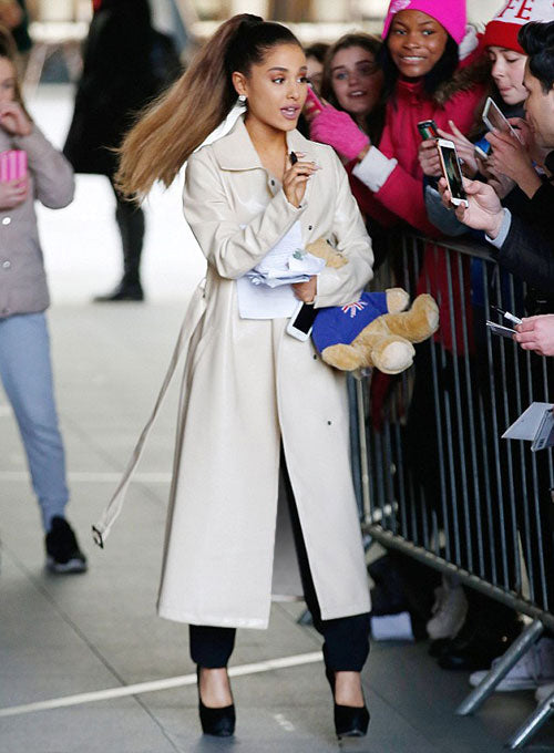 Ariana Grande Black Leather Long Coat – close-up and worn views
