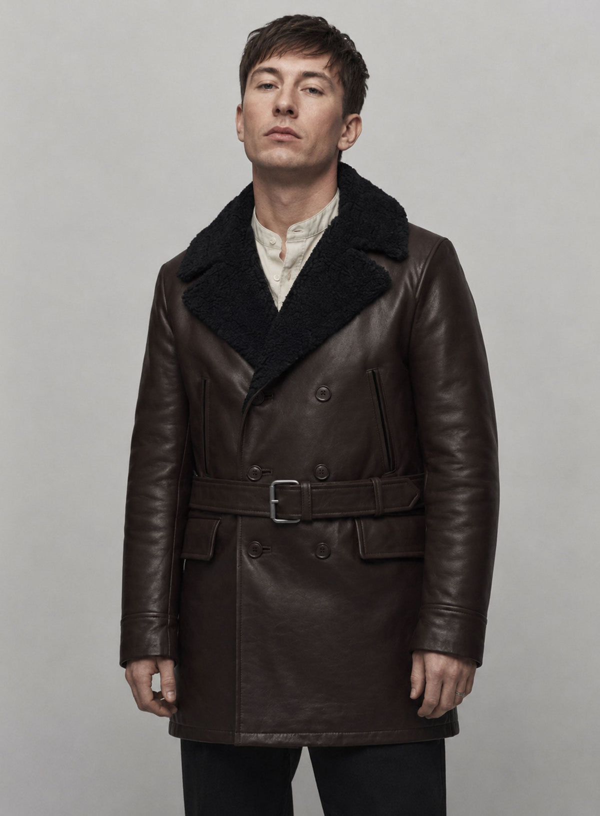 Barry Keoghan Peaky Blinders Dark Brown Trench Coat – close-up and worn views