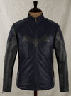 Batman Begins Christian Bale Navy Leather Jacket in dark navy – front view