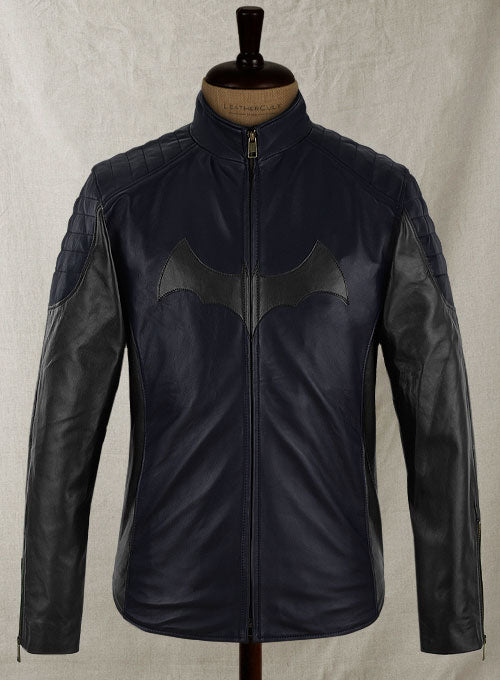 Batman Begins Christian Bale Navy Leather Jacket in dark navy – front view