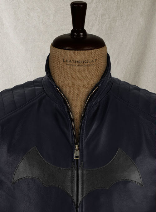 Batman Begins Christian Bale Navy Leather Jacket in dark navy – close-up detail of leather and stitching