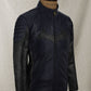 Batman Begins Christian Bale Navy Leather Jacket in dark navy – close-up detail of hardware and pockets