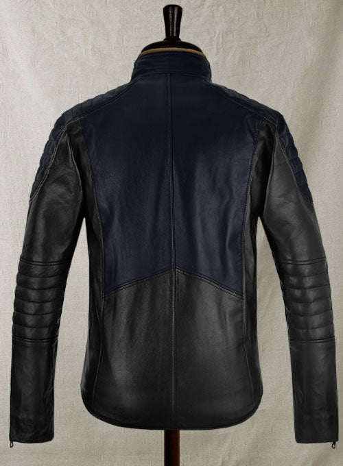 Batman Begins Christian Bale Navy Leather Jacket in dark navy – close-up detail of leather and stitching