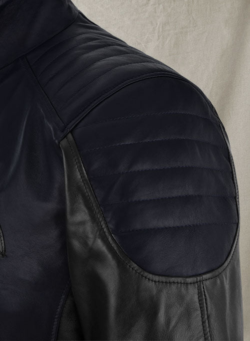 Batman Begins Christian Bale Navy Leather Jacket in dark navy – worn look