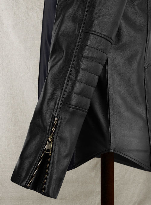 Batman Begins Christian Bale Navy Leather Jacket in dark navy – worn look