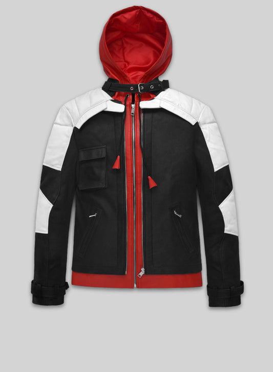 Batman Arkham Knight Red Hood Hooded Leather Jacket in black, white and red – front view