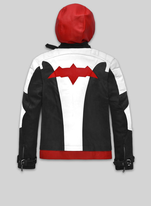 Batman Arkham Knight Red Hood Hooded Leather Jacket in black, white and red – back view