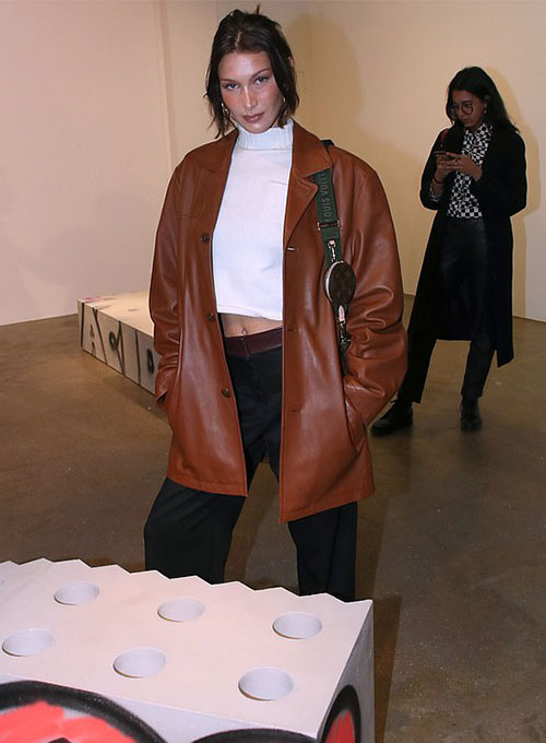 Bella Hadid Black Leather Trench Coat – front view