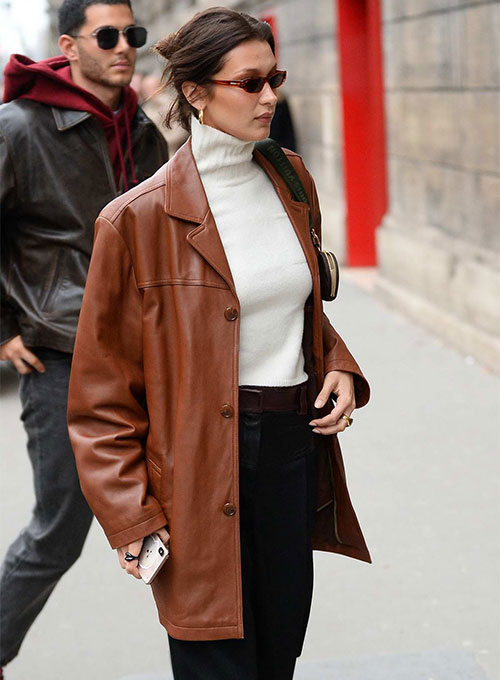 Bella Hadid Black Leather Trench Coat – close-up and worn views