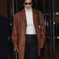 Bella Hadid Black Leather Trench Coat – close-up and worn views