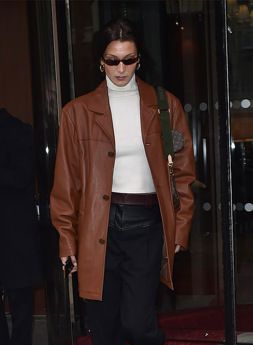 Bella Hadid Black Leather Trench Coat – close-up and worn views