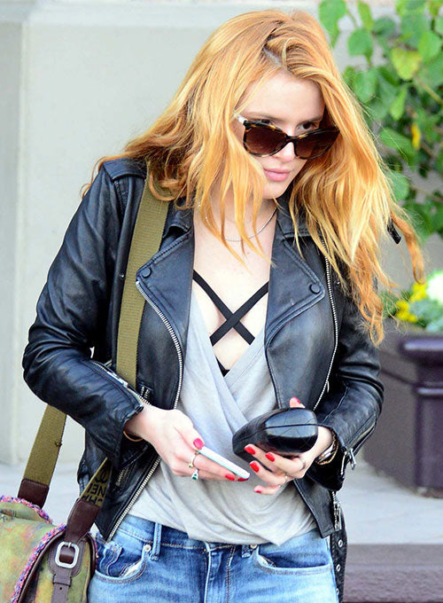 Bella Thorne Black Leather Jacket – close-up and worn views