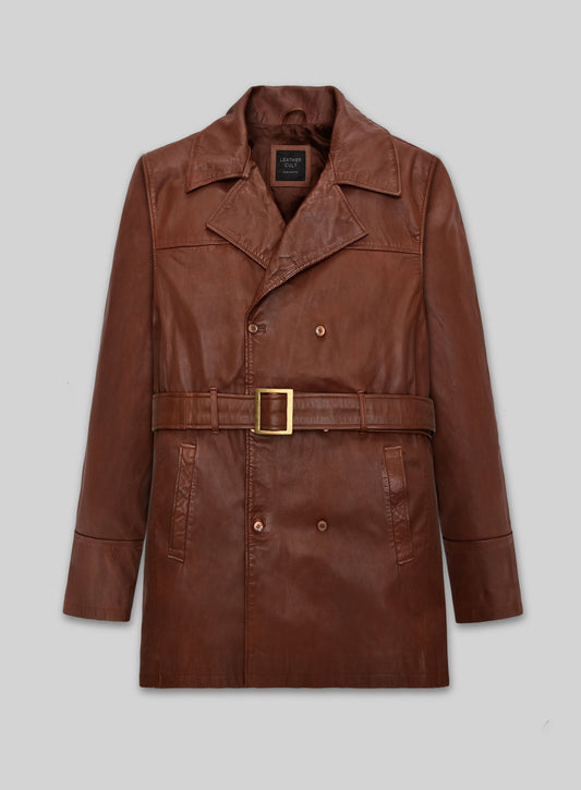 Ben Affleck Live by Night Brown Leather Trench Coat in cognac brown – front view