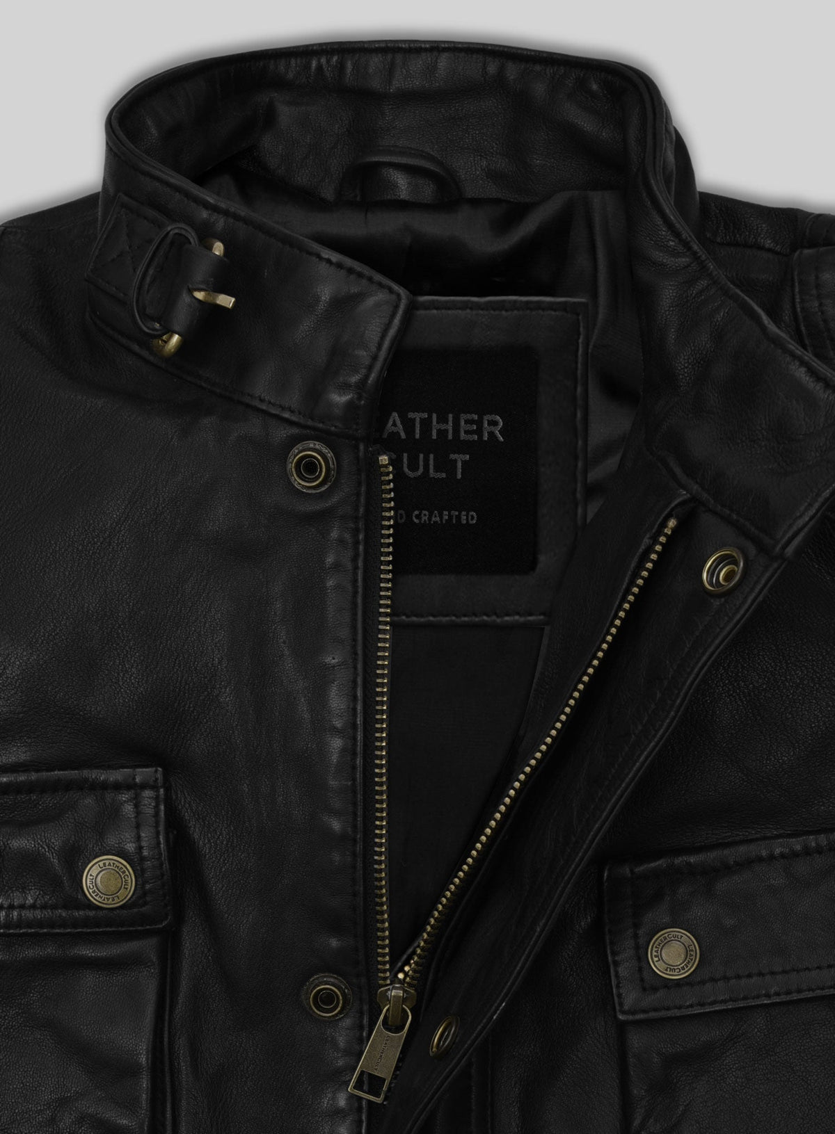 Benjamin Button Black Leather Jacket – close-up and worn views