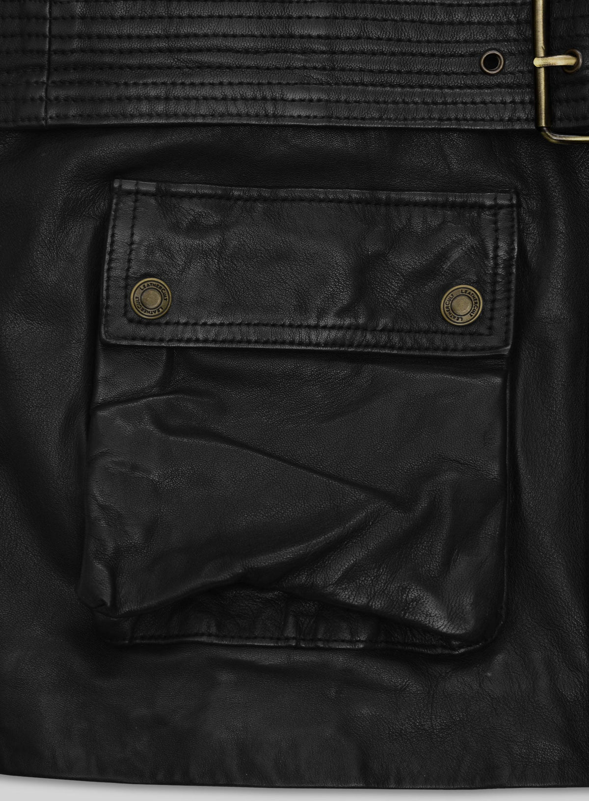 Benjamin Button Black Leather Jacket – close-up and worn views