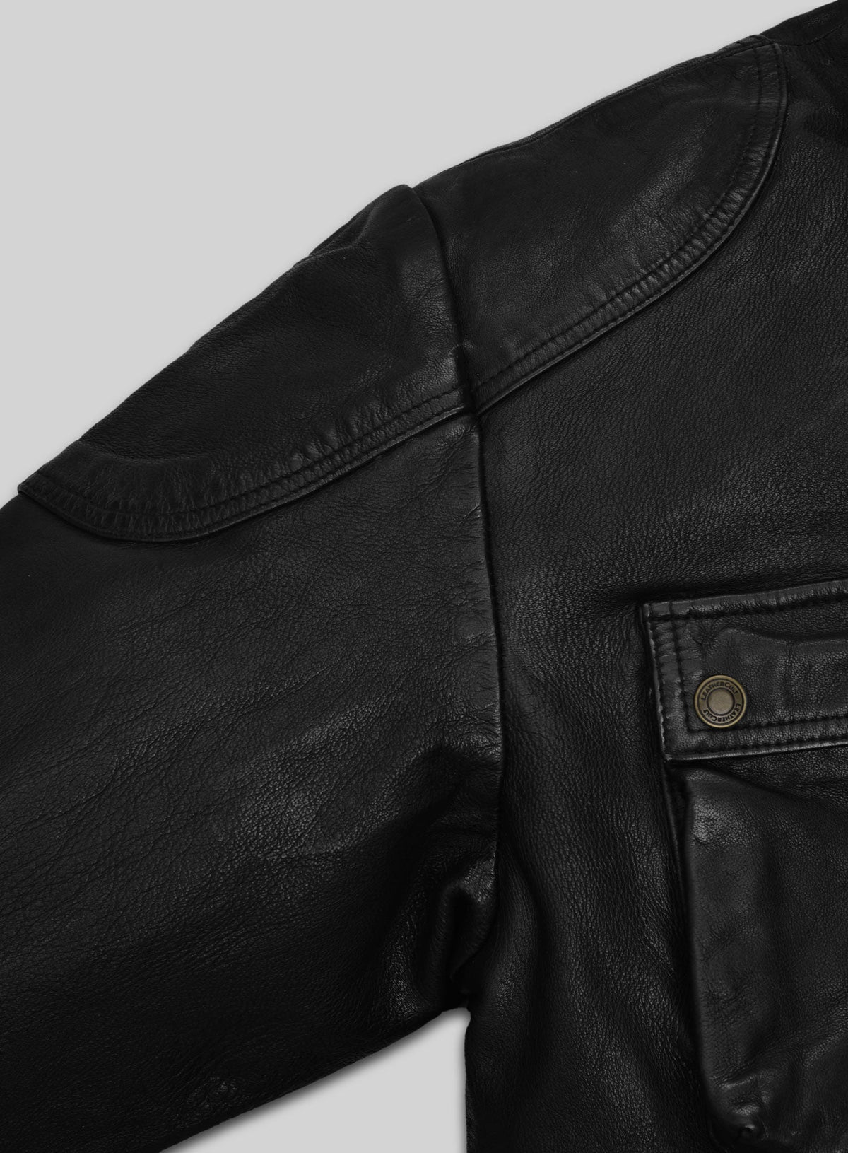Benjamin Button Black Leather Jacket – close-up and worn views
