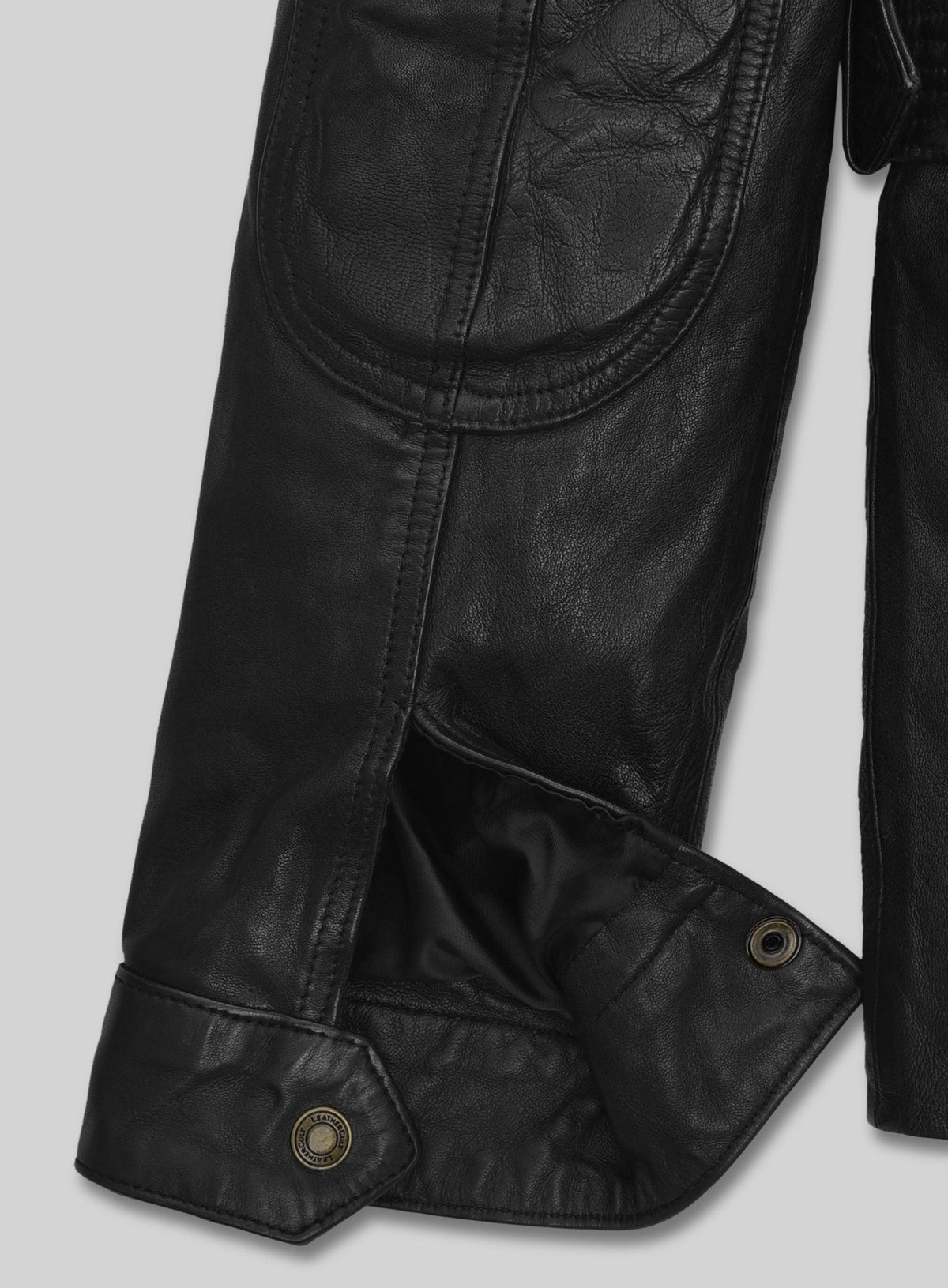 Benjamin Button Black Leather Jacket – close-up and worn views