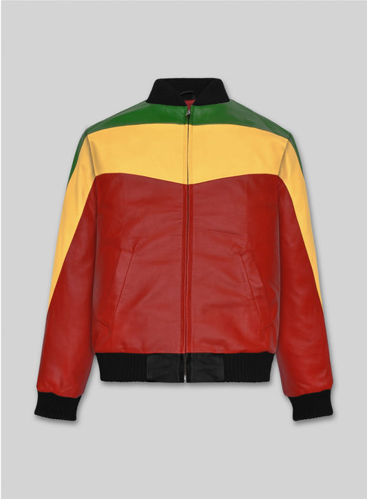 Bob Marley Rasta Colorblock Leather Jacket in red with green and yellow panels – front view