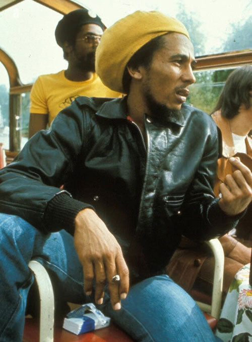 Bob Marley Black Bomber Leather Jacket – Bob Marley wearing the look, photo 3