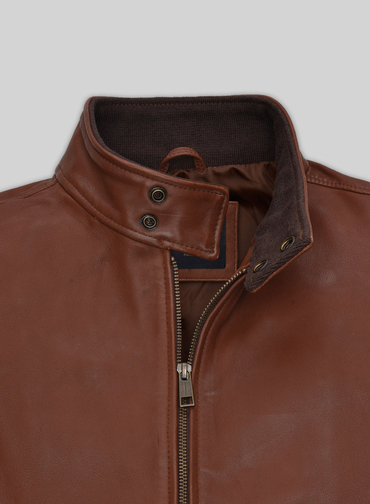 Boyd Holbrook Narcos Brown Bomber Leather Jacket – close-up detail of leather and stitching