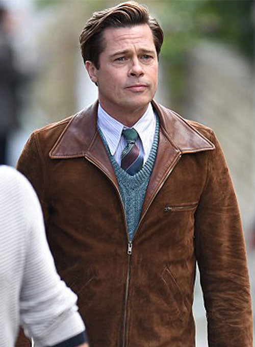 Brad Pitt Allied Black Leather Jacket – close-up and worn views