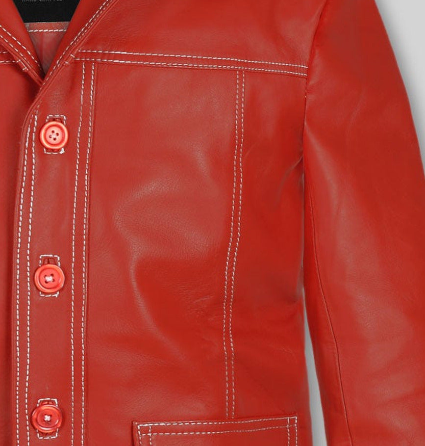 Brad Pitt Fight Club Red Leather Jacket – close-up detail of front closure, pocket and leather stitching