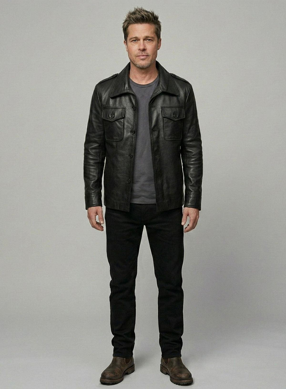 Brad Pitt Friends Season 8 Black Leather Jacket – full-length view on model