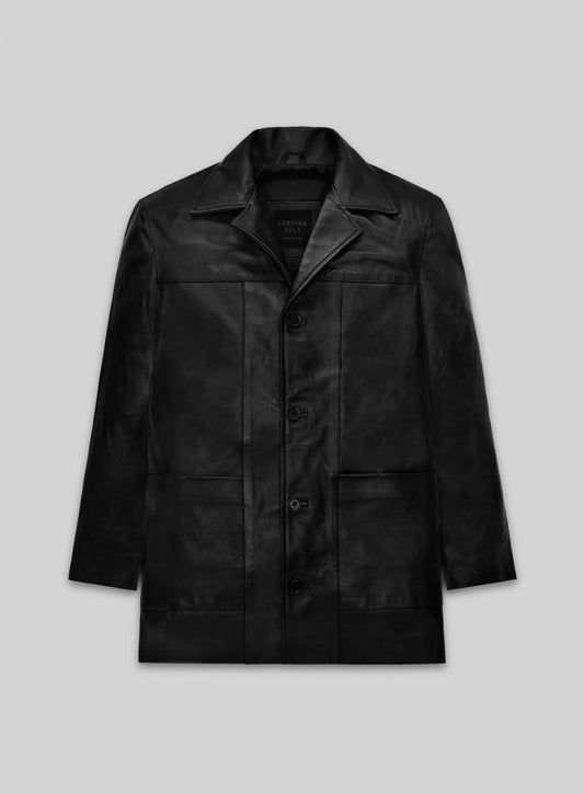 Brad Pitt Se7en Black Leather Trench Coat – front view