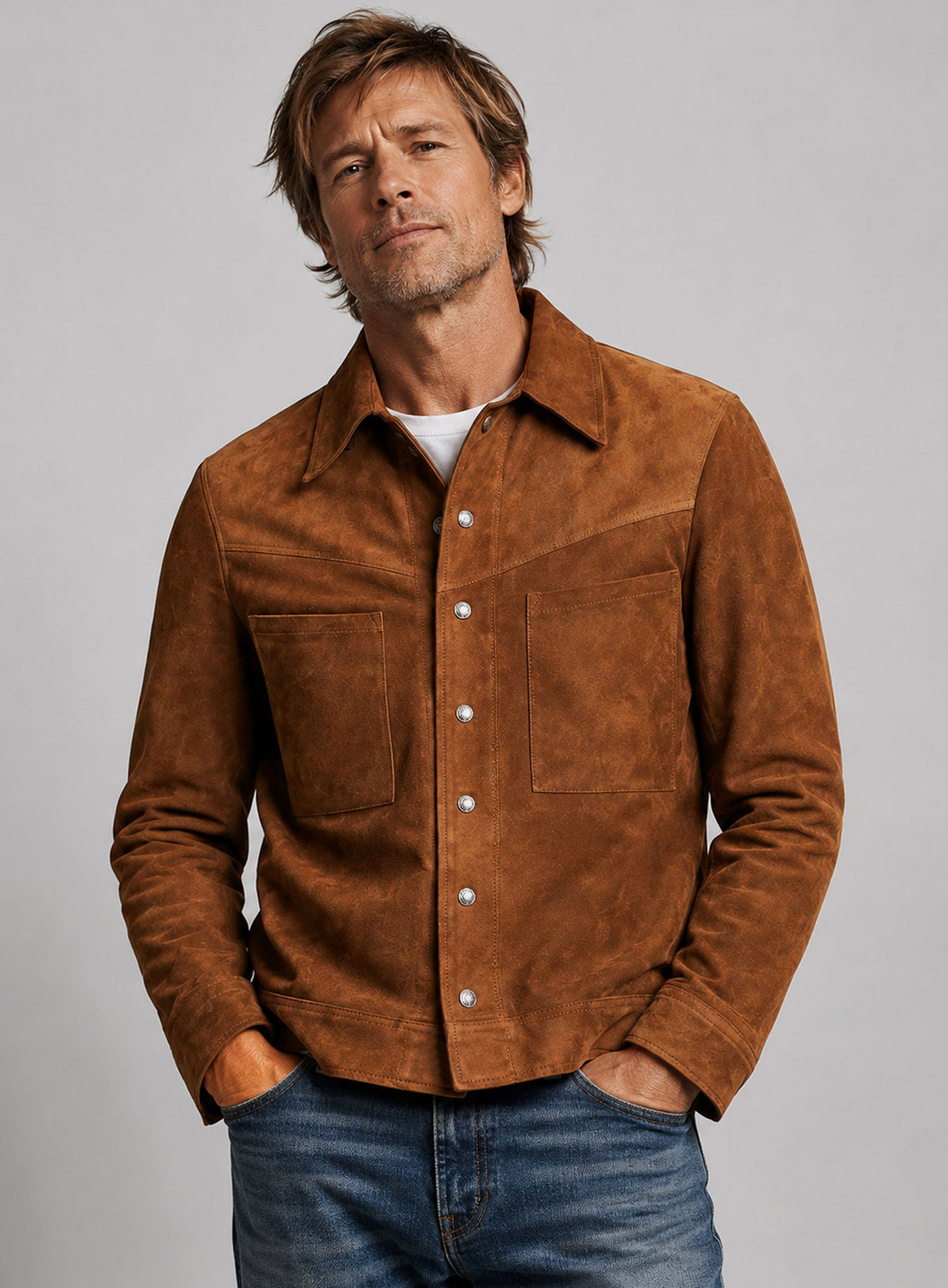 Brad Pitt The Adventures of Cliff Booth Brown Leather Jacket – close-up and worn views