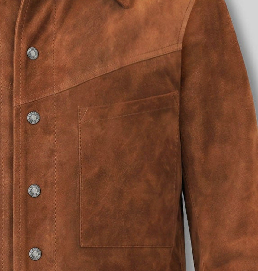 Brad Pitt The Adventures of Cliff Booth Brown Leather Jacket – close-up detail of front closure, pocket and leather stitching