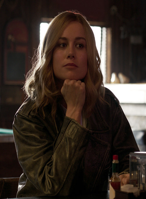 Brie Larson Captain Marvel Black Leather Jacket – close-up and worn views