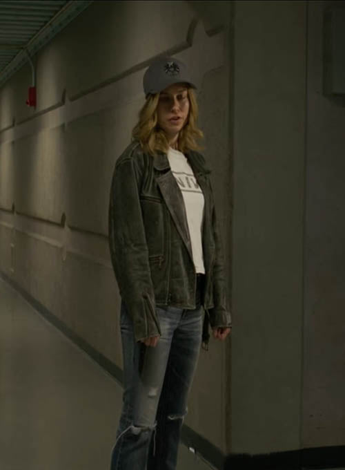 Brie Larson Captain Marvel Black Leather Jacket – close-up and worn views
