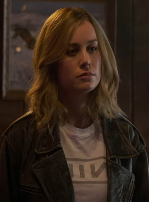 Brie Larson Captain Marvel Black Leather Jacket – close-up and worn views