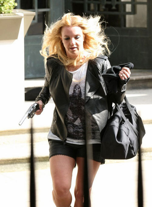 Britney Spears Black Leather Jacket – close-up and worn views