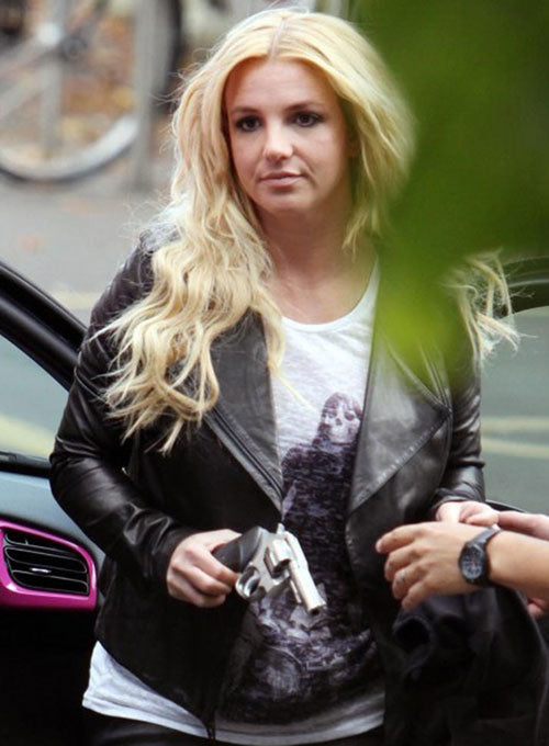 Britney Spears Black Leather Jacket – close-up and worn views