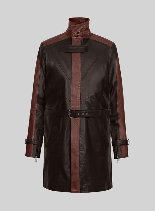 Watch Dogs Aiden Pearce Brown Leather Trench Coat in dark brown – front view