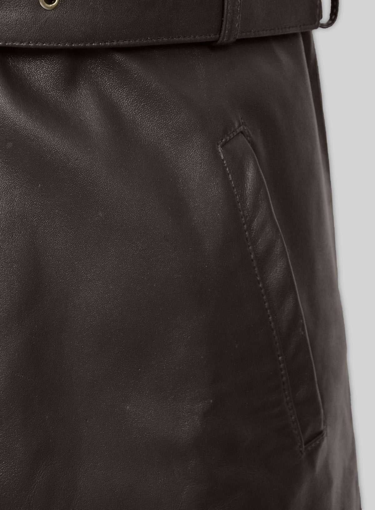 Watch Dogs Aiden Pearce Brown Leather Trench Coat in dark brown – close-up detail of hardware and pockets