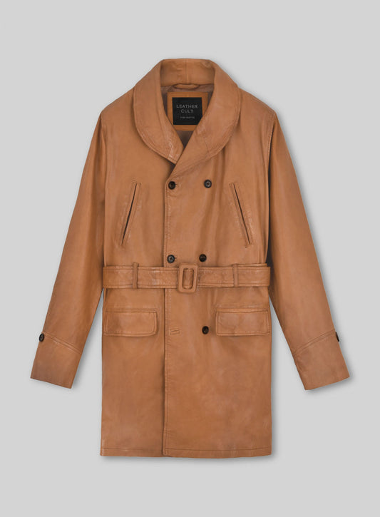 Brad Pitt Legends of the Fall Tan Brown Leather Trench Coat – front view