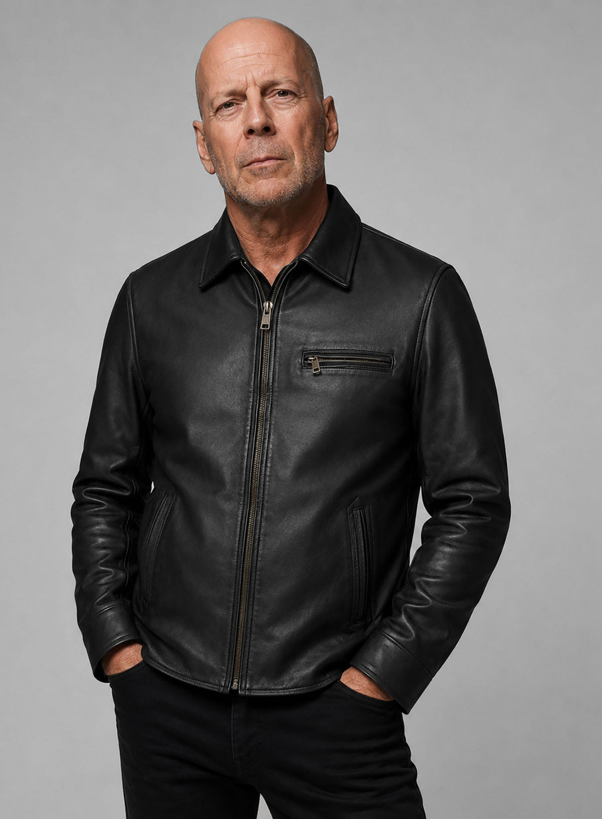 Bruce Willis Death Wish Black Leather Jacket – close-up and worn views