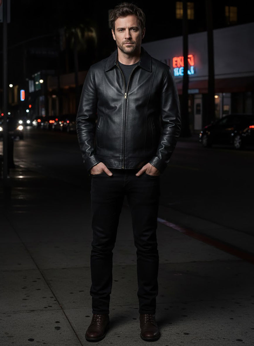 Californication Hank Moody Season 5 Black Leather Jacket – close-up and worn views