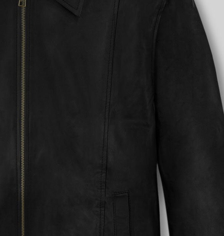 Californication Hank Moody Season 5 Black Leather Jacket – close-up detail of front closure, pocket and leather stitching