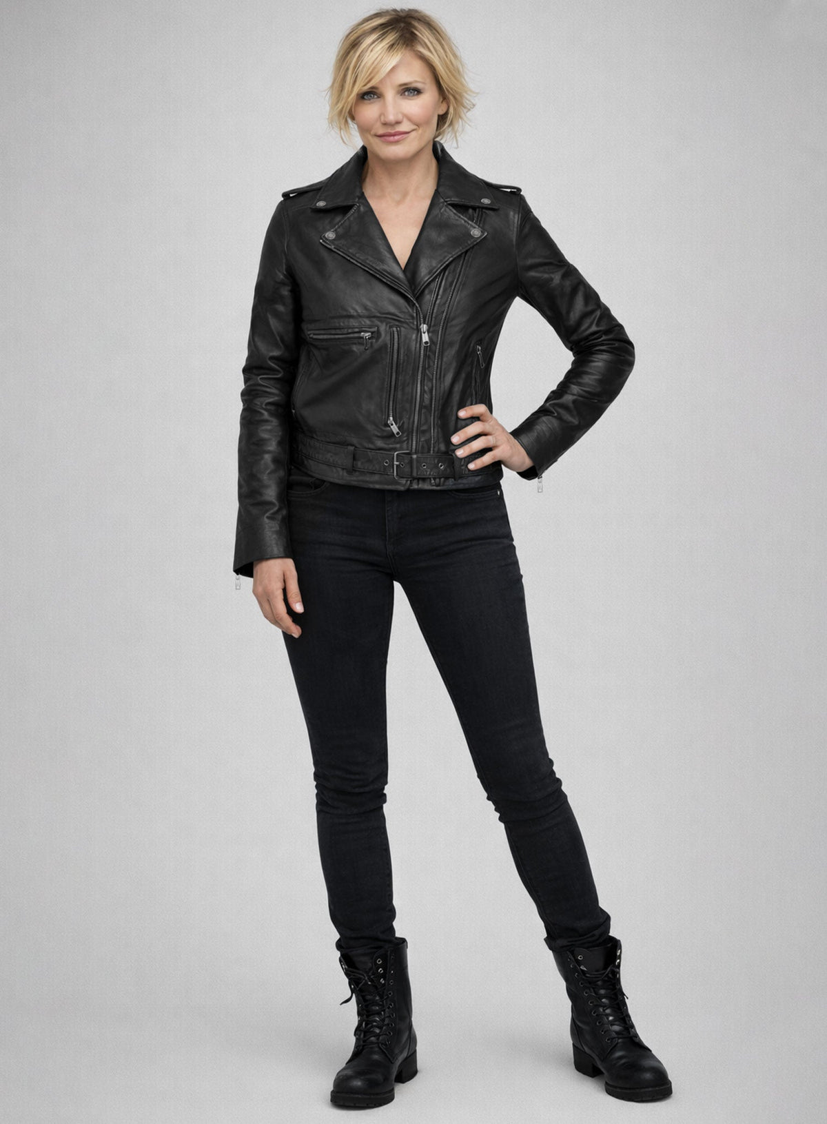 Cameron Diaz Annie Black Leather Jacket – close-up and worn views