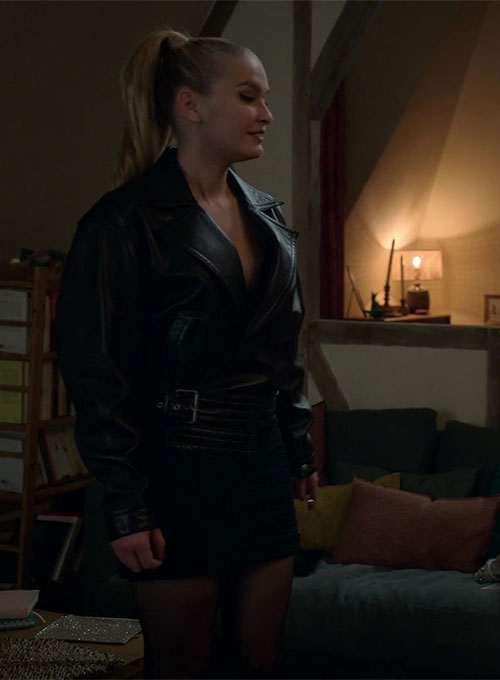 Camille Razat Emily in Paris Black Leather Jacket – front view