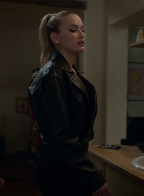 Camille Razat Emily in Paris Black Leather Jacket – close-up and worn views